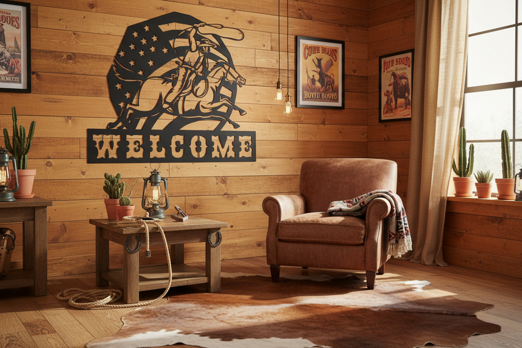 Cowboy Swinging Lasso Welcome Metal Art