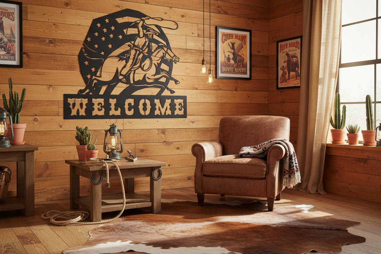 Cowboy Swinging Lasso Welcome Metal Art