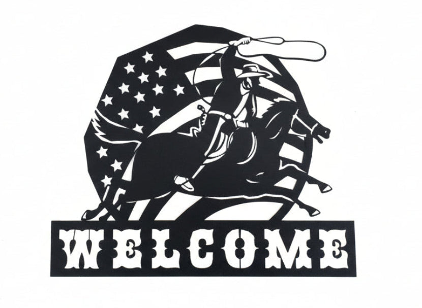 Cowboy Swinging Lasso Welcome Metal Art