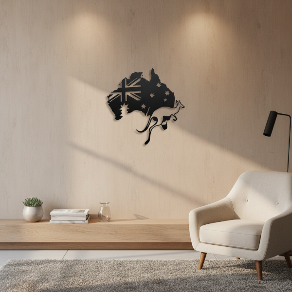 Australian Map with Flag and Kangaroo Metal Art