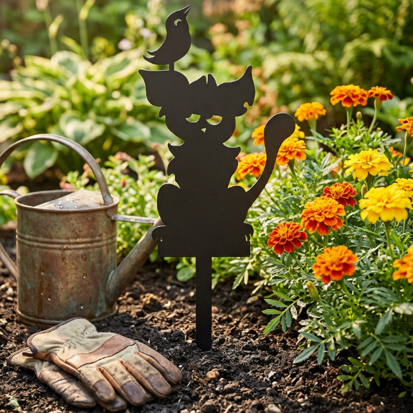 Cat and Bird Garden Stake