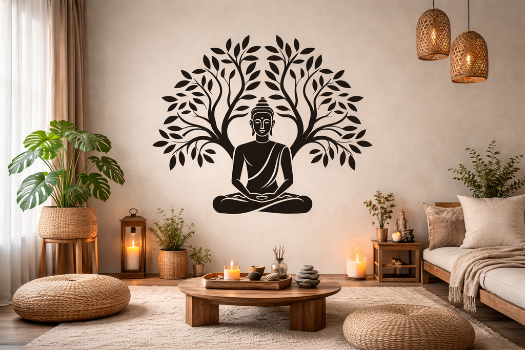 Seated Buddha Between Trees Under the Moon Metal Art