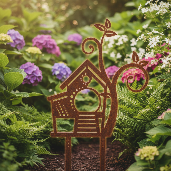 Chicken Garden Stake - Natural Rusty Steel