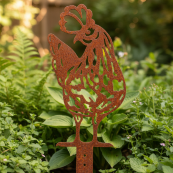 Chicken Garden Stake - Natural Rusty Steel