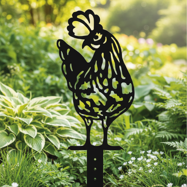 Chicken Garden Stake - Natural Rusty Steel