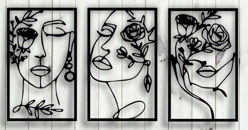 3-Piece Women's Face with Flowers Metal Art Set