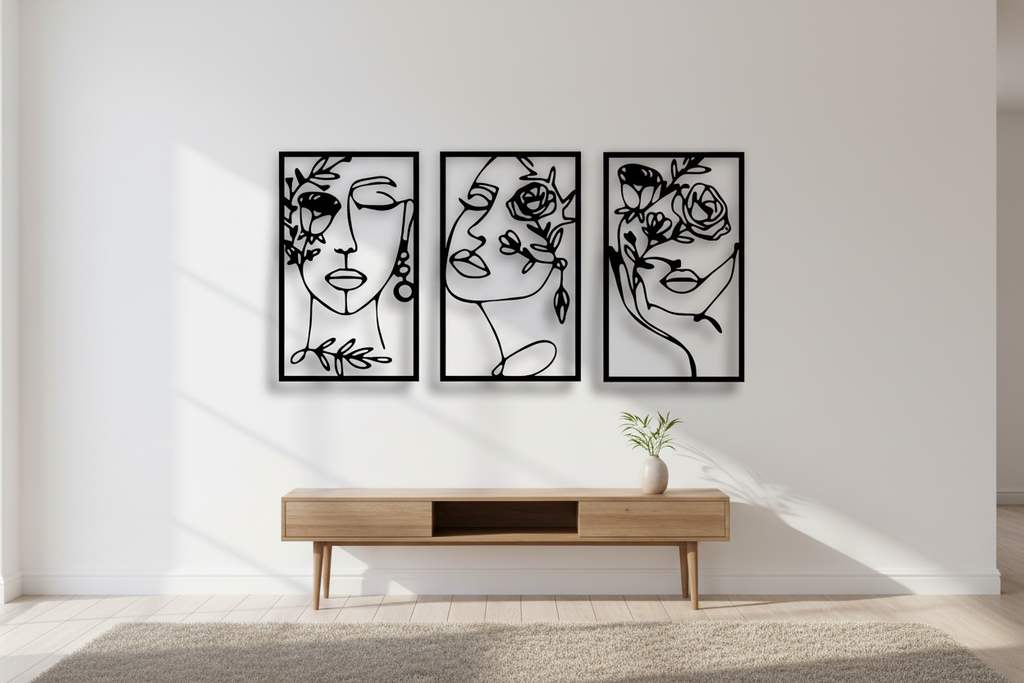 3-Piece Women's Face with Flowers Metal Art Set