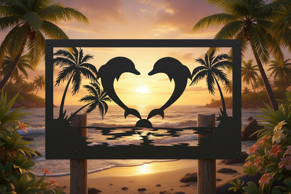Twin Dolphins Sunset Metal Art