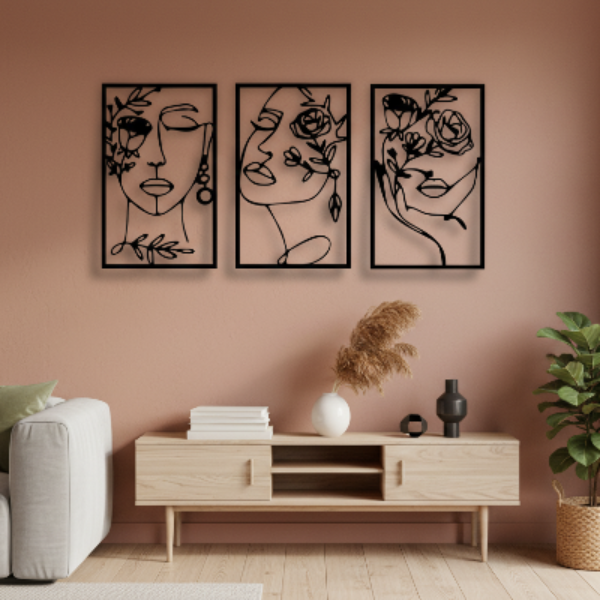 3-Piece Women's Face with Flowers Metal Art Set