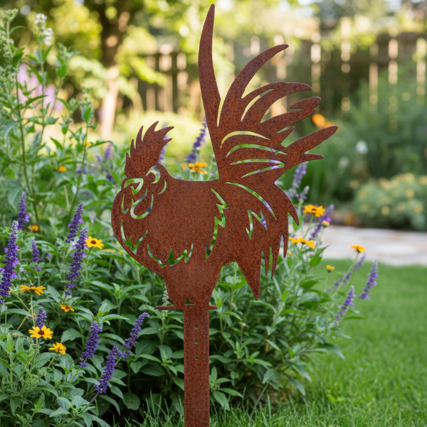 Chicken Garden Stake - Natural Rusty Steel
