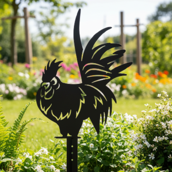 Chicken Garden Stake - Natural Rusty Steel