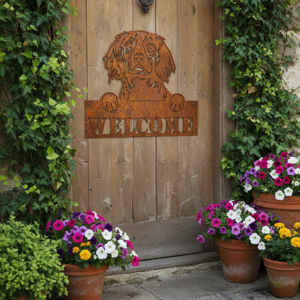 Senior King Charles Cavalier Welcome Peeking Dog Metal Wall Art