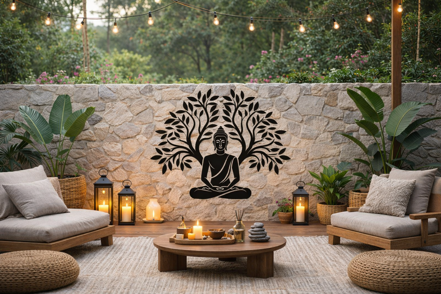 Seated Buddha Between Trees Under the Moon Metal Art