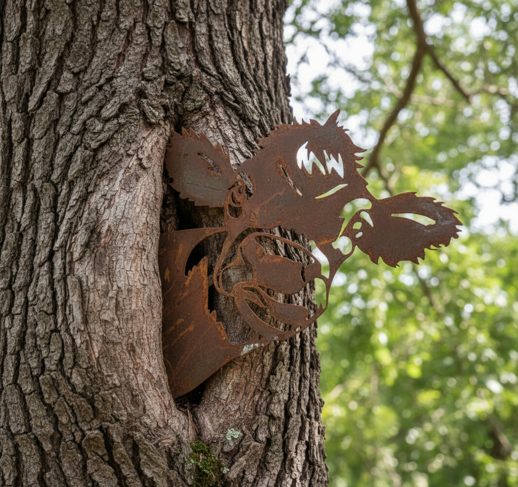 Peeking Cow Tree Stake - Natural Rusty Steel