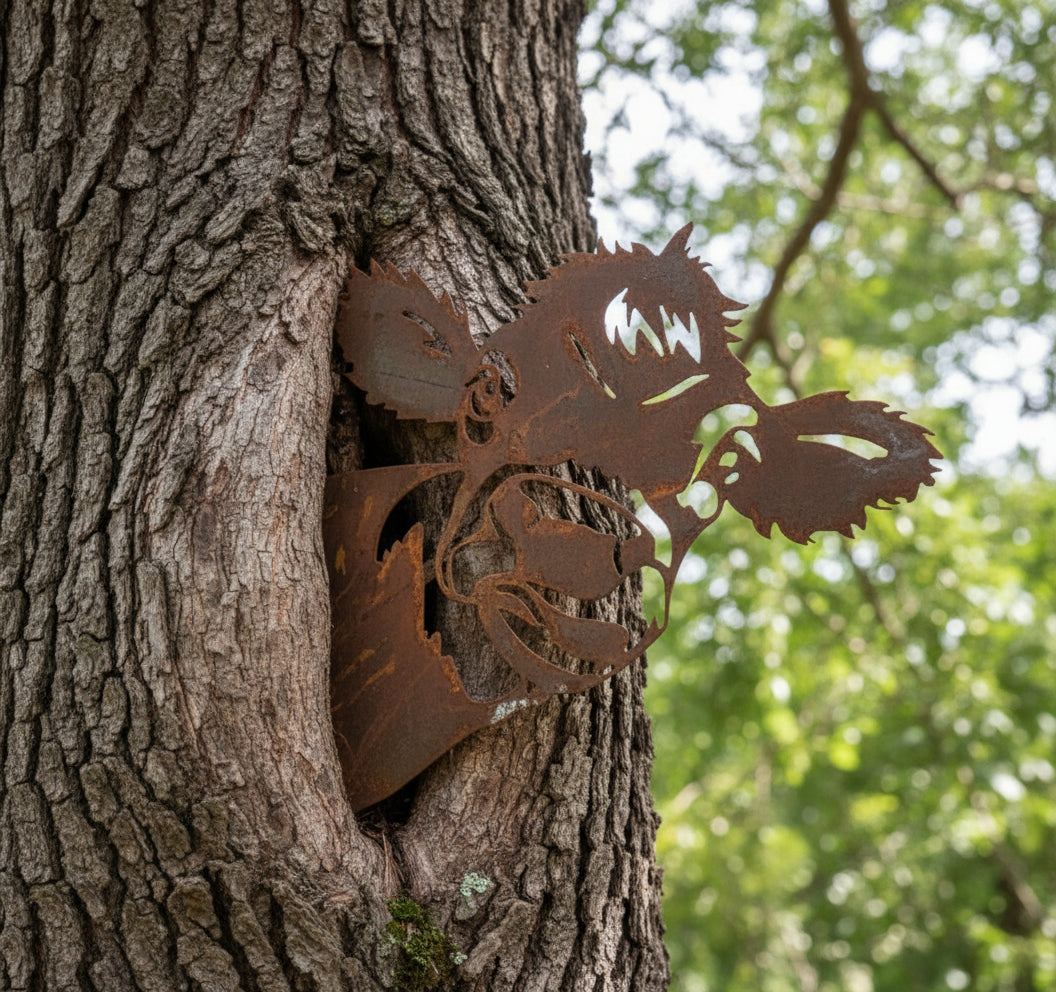 Peeking Cow Tree Stake - Natural Rusty Steel