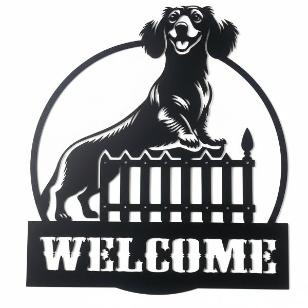 Long-Haired Welcome Dachshund Metal Wall Art