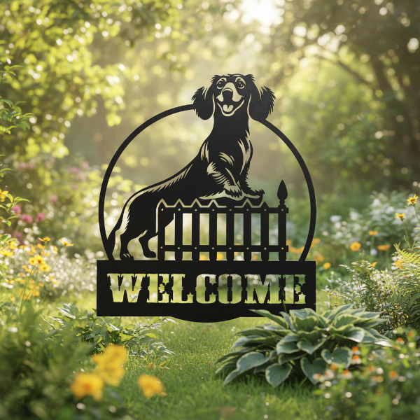 Long-Haired Welcome Dachshund Metal Wall Art