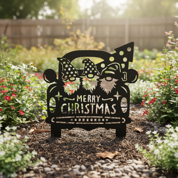 Christmas Garden Gnomes Truck Metal Art