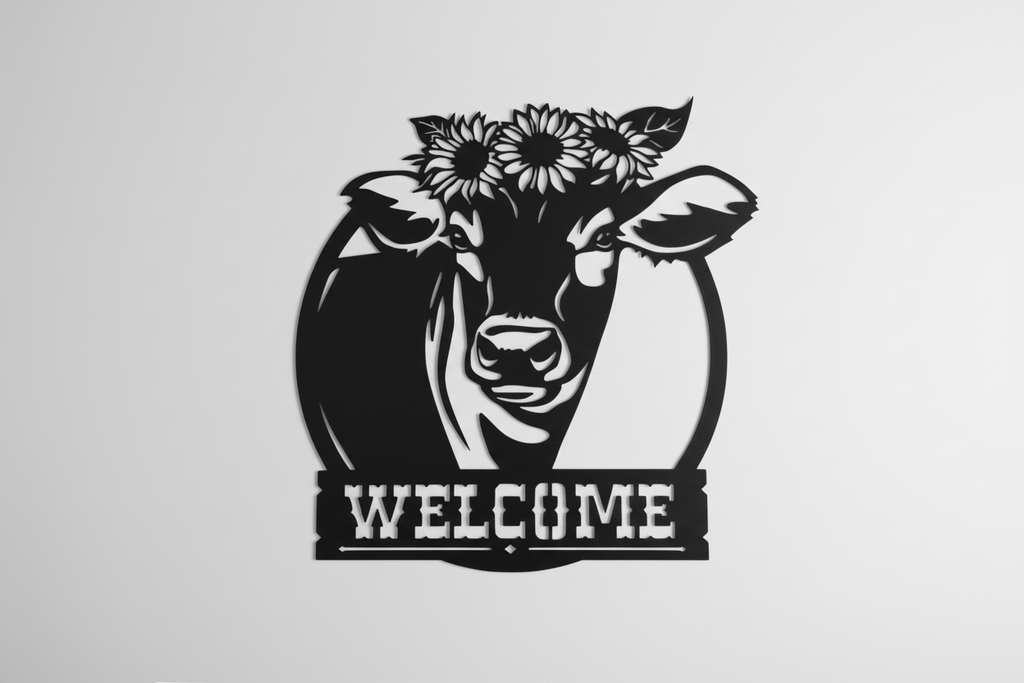Cow with Sunflower Hat Circle Metal Art