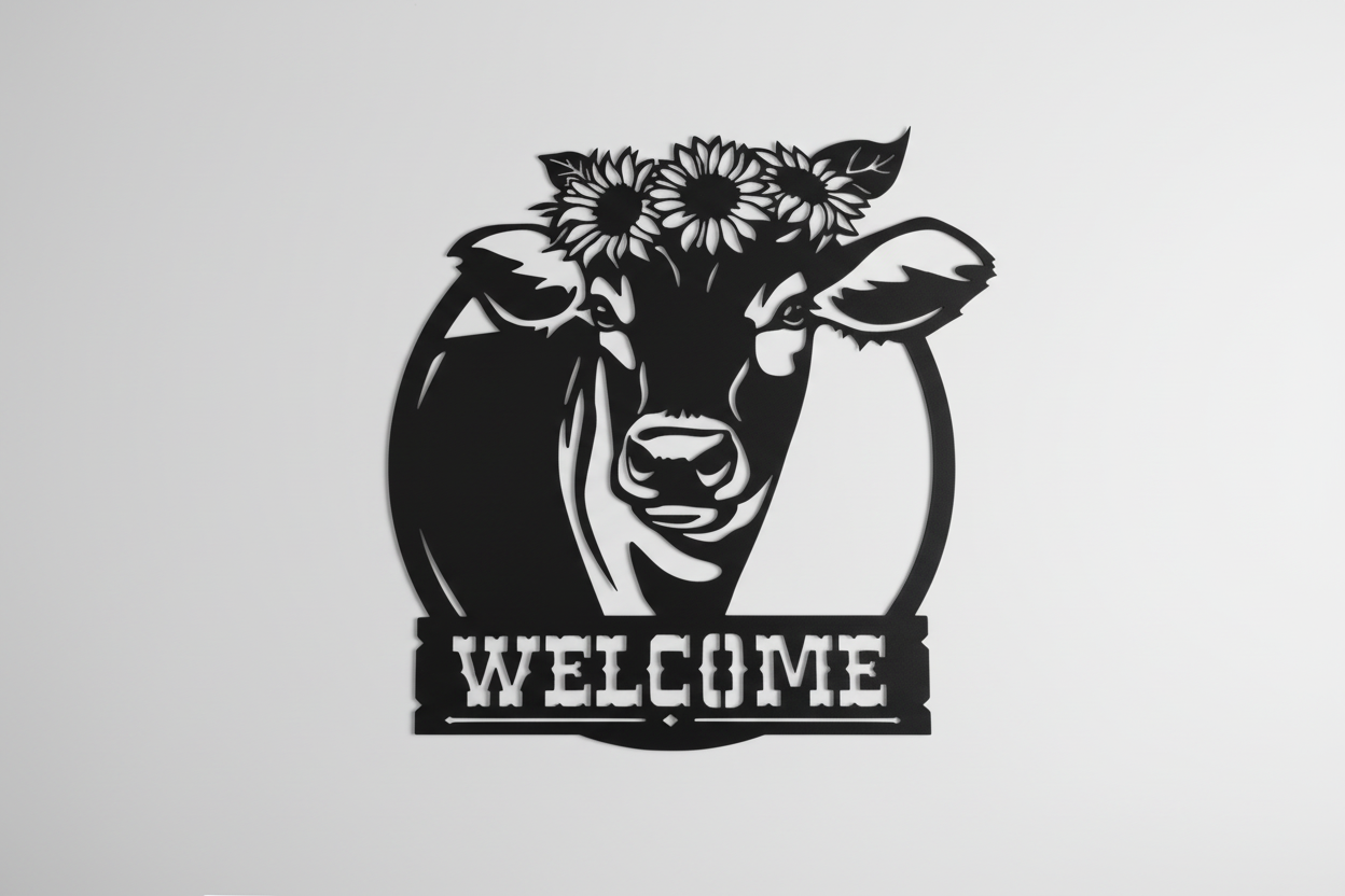 Cow with Sunflower Hat Circle Metal Art