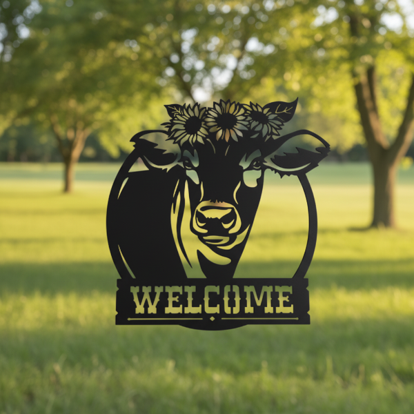 Cow with Sunflower Hat Circle Metal Art