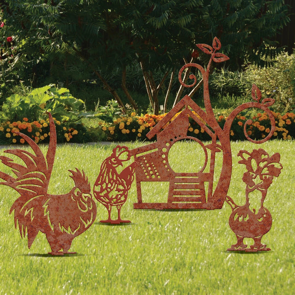 Chicken Garden Stake - Natural Rusty Steel